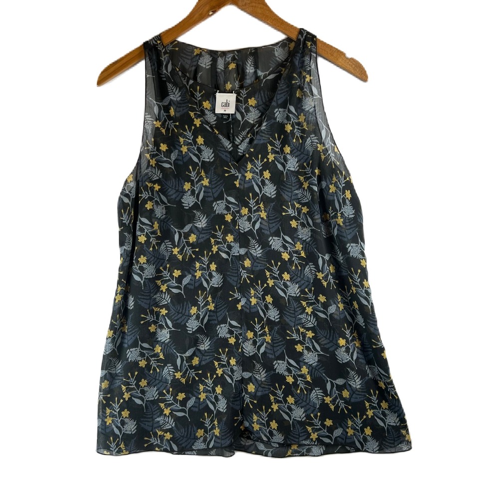Cabi‎ Women Black Floral Fern V-Neck Sleeveless Chiffon Blouse Top Medium M 3450